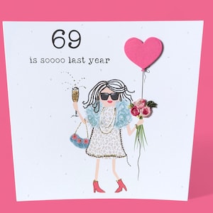 Handmade 70th Birthday Card 3d Embroidered Flowers & Pink Heart with glitter