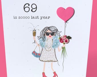 Handmade 70th Birthday Card 3d Embroidered Flowers & Pink Heart with glitter