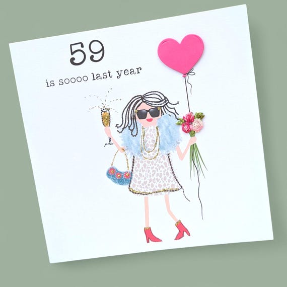 Handmade 60th birthday card Best friend, wife, hand drawn with  3d balloon, fabric flowers and glitter,