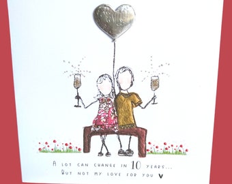 10th Wedding Anniversary card, husband 10th anniversary card, 10th wife anniversary card, embroidery art print card, tin anniversary card