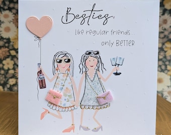 Friend birthday card: handmade, hand drawn artwork, 3d, balloon, felt handbags embellishment and sparkly glitter, bestie