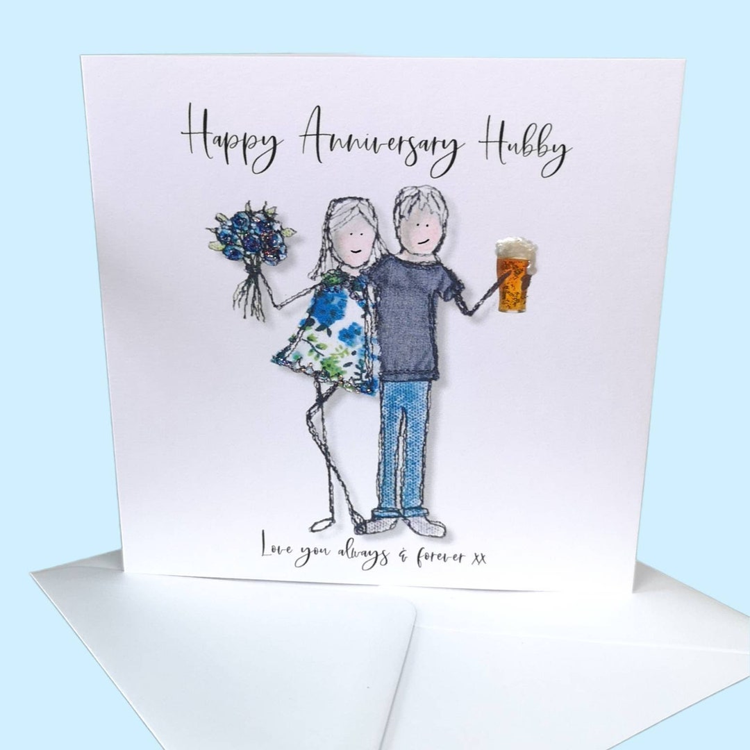 Husband Anniversary Card, Embroidery Artwork Print Card Quirky Unusual ...