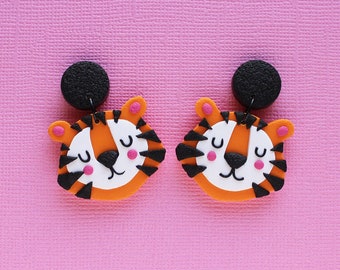 Cute TIGER dangle earrings, polymer clay earrings, animal series earrings