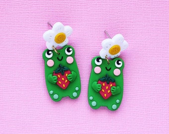 Cute frog earrings, kawaii frog, froggy earrings, strawberry with flowers