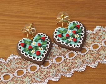 Strawberry cookie earrings, Heart earrings, Blossoms