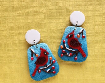Christmas Cardinal bird earrings, Holly earrings, Holiday jewellery