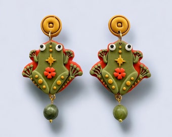 Feng Shui Money Frog Earrings with Jade -  Attract Wealth This Lunar Year