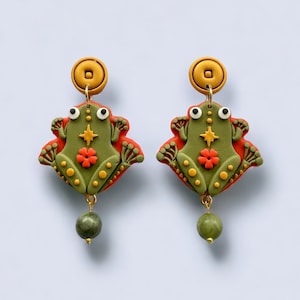 Feng Shui Money Frog Earrings with Jade -  Attract Wealth This Lunar Year