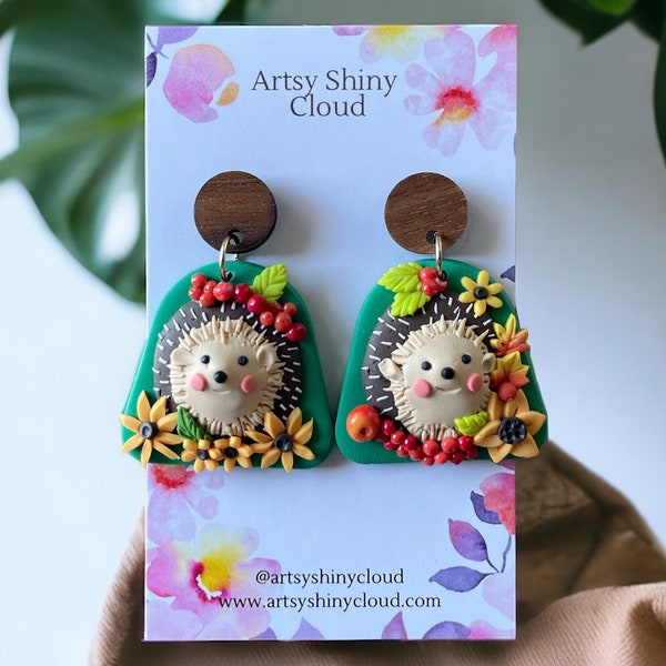 Hedgehog handcrafted Polymer Clay Earrings, Autumn earrings