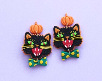 Black Cat Dangle Earrings White Cat Lever Back - Reversible Cat Jewelr
