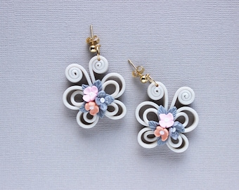 White Butterfly earrings, flower earrings, floral butterfly earrings