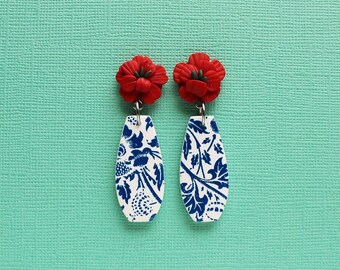 Red flower and vase dangle earrings, porcelain vase print earrings, cny earrings
