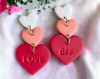 Valentine's Day Triple Heart Dangle Earrings - Romantic Layered Love Hearts Jewelry - Handcrafted Polymer Clay Earrings