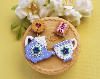 Purple Teapot Cup Earrings: Handmade Polymer Clay Tea Party Jewelry