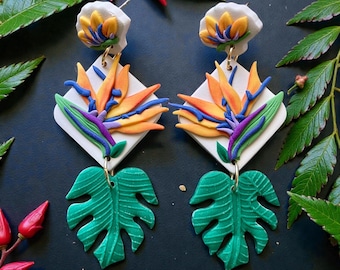 Handcrafted Polymer Clay Bird of Paradise Earrings with Monstera Leaf