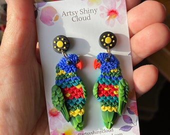 Rainbow Lorikeet Earrings - Handmade Polymer Clay Bird Jewelry - Colorful Australian Bird Dangle Earrings