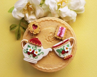 Strawberry Teapot Earrings: Handmade Polymer Clay Tea Party Jewelry
