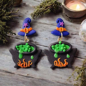 Keteloorbellen – Handgemaakte Halloween Spooky Charm-sieraden, heksenhoed, polymeerklei