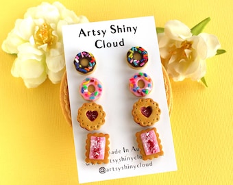 Small dessert studs, chocolate donut / Iced Vovo / heart jam drop cookie / pink donut