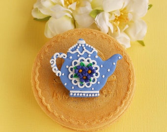 Handmade Floral Teapot Brooch: Polymer Clay Tea Party Pin