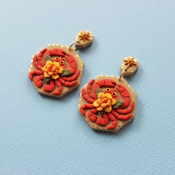 Zodiac inspired Cancer Crab & Flower Earrings - Handmade Polymer Clay Zodiac Jewelry - Unique Astrology Accessory - Water Sign Gift