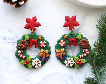 Christmas Wreath - Polymer clay earrings for Christmas, New Year Party, Xmas gift