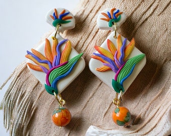 Handmade Polymer Clay Bird of Paradise Earrings: Tropical Gemstone Jewelry