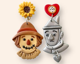 Wizard of Oz Earrings: Mismatched Scarecrow & Tin Man Polymer Clay Jewelry
