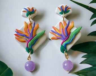 Polymer Clay Bird of Paradise Earrings: Amethyst Gemstone, Tropical Jewelry
