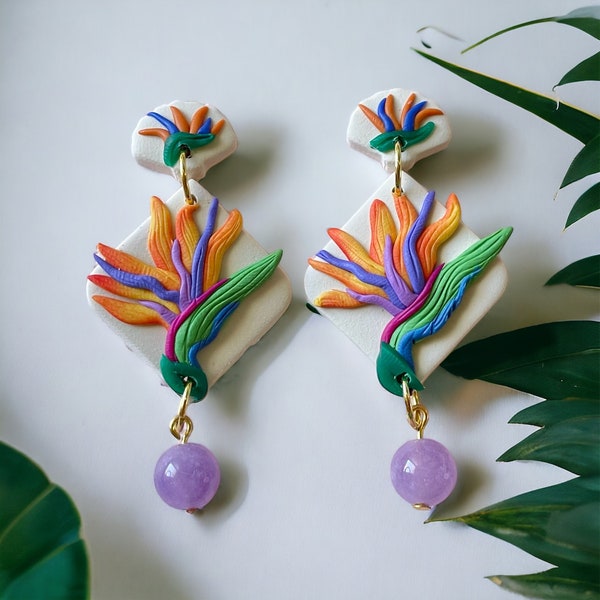 Bird of Paradise Flower Earrings with Purple Amethyst Bead - Gemstone Jewelry - Unique Tropical Statement earrings