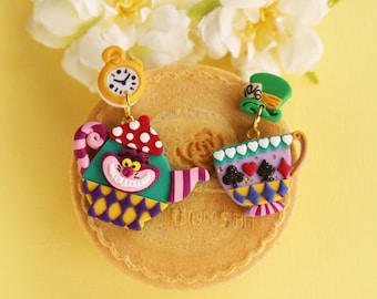 Cheshire cat teapot and cup earrings, Alice tea party, Whimsical earrings