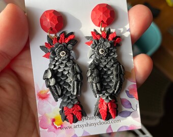 Red-Tailed Black Cockatoo Earrings - Handmade Polymer Clay Bird Jewelry - Distinctive Australian Bird Dangle Earring