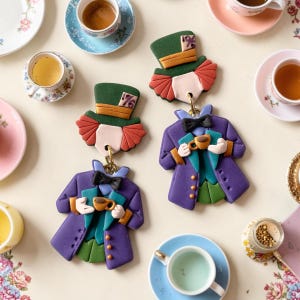 May include: Whimsical Mad Hatter-themed earrings. The earrings feature a green top hat with a percentage symbol, a purple coat with a teal vest, and a small teacup. The background includes teacups and saucers.
