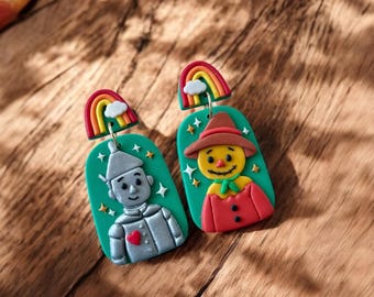 Wizard of Oz Earrings: Handmade Polymer Clay Tin Man & Scarecrow Dangles
