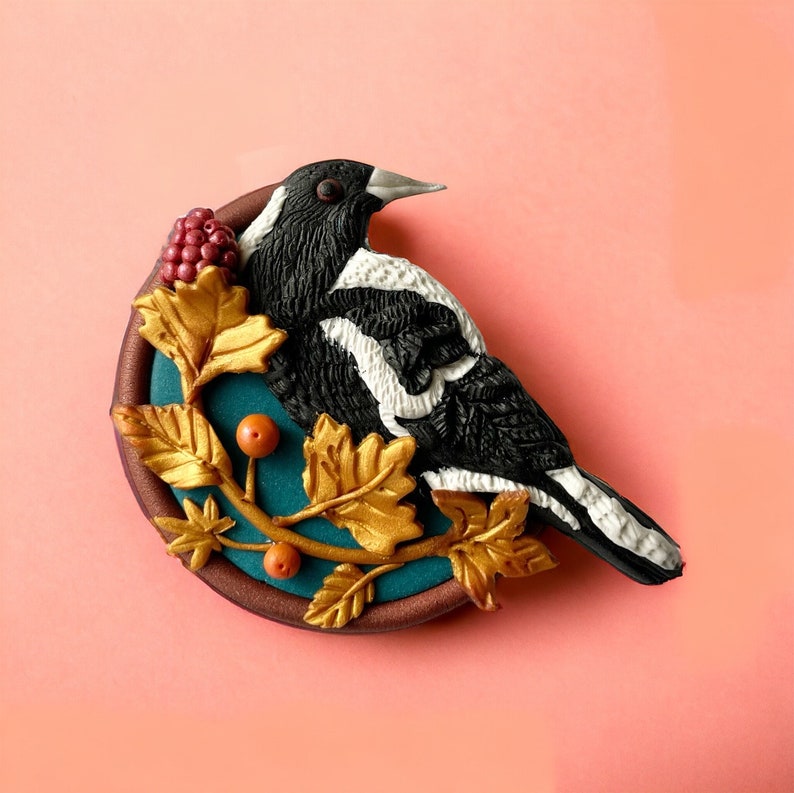 Magpie Brooch Handcrafted Artisan Jewelry, Nature-Inspired Bird Pin, Perfect Accessory for Nature Lovers and Birdwatchers image 1