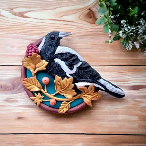Magpie Brooch Handcrafted Artisan Jewelry, Nature-Inspired Bird Pin, Perfect Accessory for Nature Lovers and Birdwatchers image 2