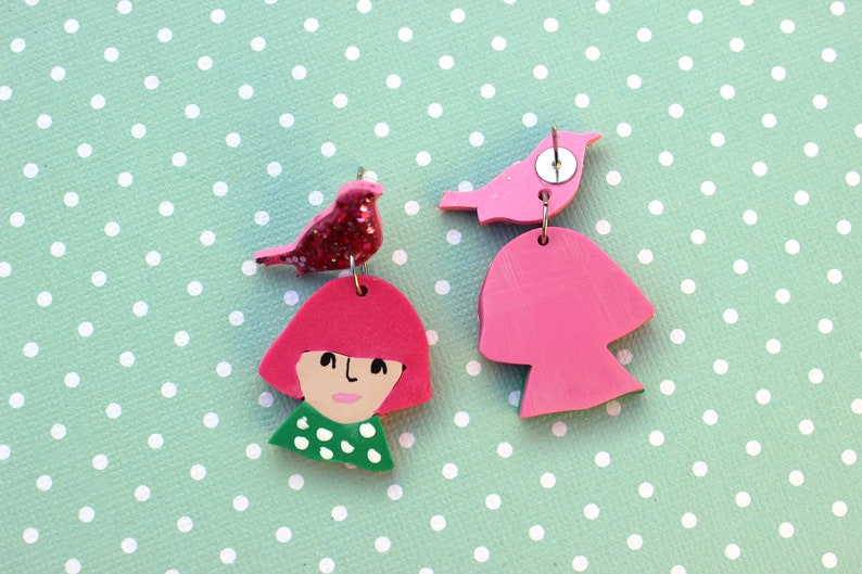 Bird lover Crazy cat and bird ladies collection Catlover Emily Polymer clay earrings Virgo Cute girl Resin earrings