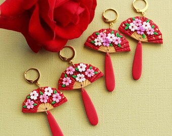 Red Fan earrings, Asian style earrings, Lunar New Year earrings, Cherry Blossom earrings