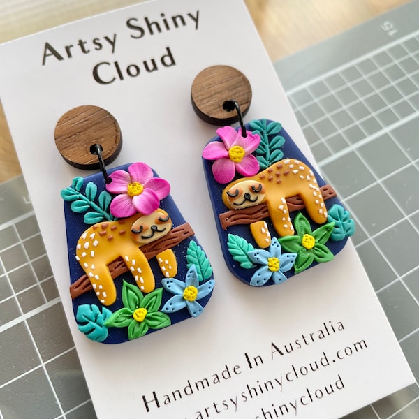 Sleepy Sloth on Tree Earrings: Handmade Polymer Clay Jewelry, Nature-Inspired, Adorable Animal Accessory, Wildlife Lover Gift, Unique Design