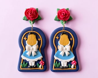 Alice in Wonderland Keyhole Polymer Clay Earrings, Statement Dangles, Handmade Whimsical Fantasy Jewelry Gift