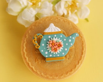 Floral Teapot Brooch: Handmade Polymer Clay Tea Party Pin