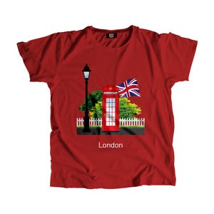 London United Kingdom England Scotland British Britain Red Telephone Box Men Women Unisex T-Shirt (Red)