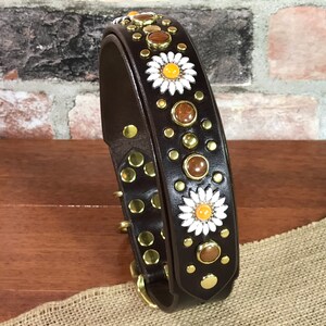 以下が含まれることがあります： 金色のスタッズと黄色の芯を持つ白いデイジーがついた、茶色の革製の犬用首輪。首輪は茶色と金色のアクセントで飾られています。