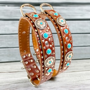 Western Leather Dog Collar, Personalized Dog Collar, Turquoise Collar, Studded Dog Collar, Cowboy Dog Collar