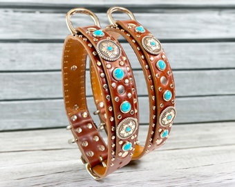 Western Leather Dog Collar, Personalized Dog Collar, Turquoise Collar, Studded Dog Collar, Cowboy Dog Collar