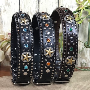 Westerse leren hondenhalsband, aangepaste hondenhalsband, gepersonaliseerd, turkoois, ster, bezaaid, voor middelgrote tot grote rassen