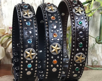 Collare per cani in pelle western, collare per cani personalizzato, turchese, stella, borchiato, per razze di taglia media e grande