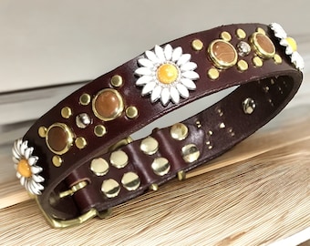 Leather Dog Collar, Flower Dog collar, Daisy Dog collar