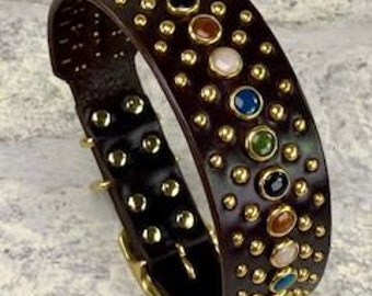 LARGE, 2 inch WIDE boy DOG, leather dog collar, Heavy Hardware, Brass, Studded