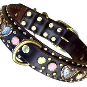 Leather Dog Collar, Personalized Dog Collar, Crystal Dog Collar, Studded Dog Collar, Hearts Dog Collar. 1.5 inch wide dog collar